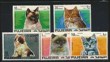 CATS Multi Color Set of 5 Beautiful Mint Never Hinged Fujeira Postage Stamps