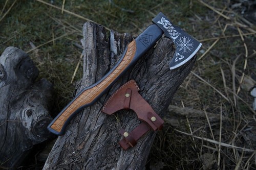 Handmade Carbon Steel Viking Axe With Leather Sheath Hunting Outdoor & Camping - Picture 2 of 7