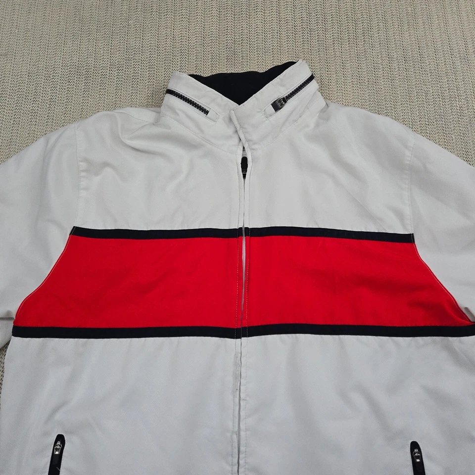Chaqueta deportiva Lacoste para hombre grande blanca roja cremallera completa capucha Preppy Foto 3 de 4