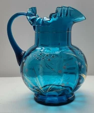 Pitcher  Blue Enamel Hand Painted Collectible  Hand Blown Victorian  Vintage