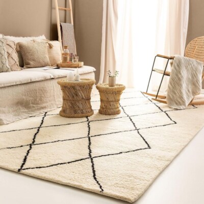 Tapis Marocain Berbère - Laine Mouton - 8x10 Pieds (environ 244x305 Cm) - Beige - Fait Main - Style Boho Moderne