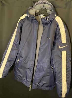 VTG Y2K Nike Navy Puffer Coat Jacket Hood Big Swoosh Tech