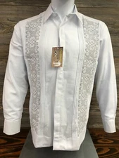 Men Mexican Guayabera Wedding Dress Shirt White Silver Double Embroidery