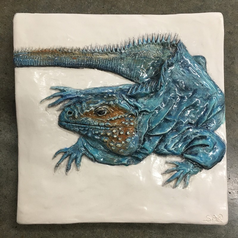 Blue Iguana Lizard ART Ceramic Handmade RELIEF Sondra Alexander Art USA