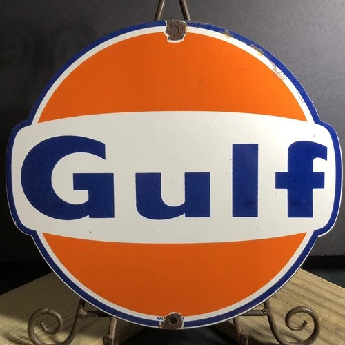 VINTAGE GULF GASOLINE 12” PORCELAIN SIGN GAS STATION  PUMP MOTOR OIL SERVICE
