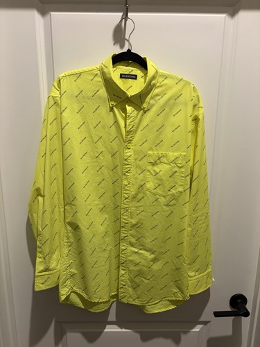 Balenciaga Repeat Logo All Over Print Cotton Button Down Cotton Shirt Sz 39 Neon