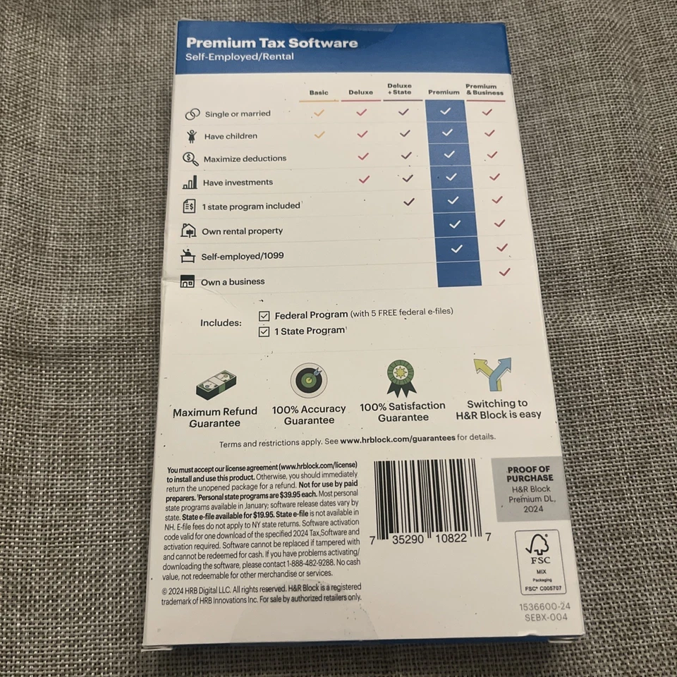 H&R Block 2024 Premium Self-Employed / Rental Tax Software [Boxed Key Card] - Image 2 of 2