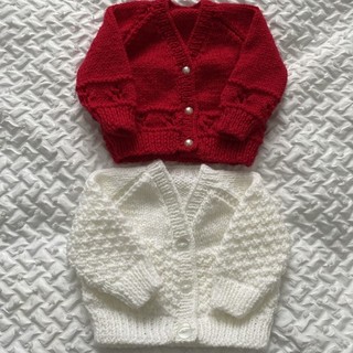 BNWOT 2 first size/newborn/baby cardigans dark red/white hand made.