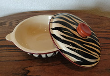 Covered Casserole Serving Bowl Tiger Zebra Black Stripes Signed Zimbabwe Africa