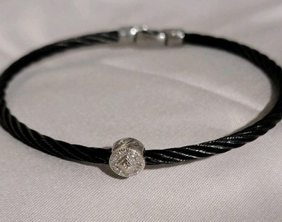 CHARRIOL 18K WHITE GOLD BLACK STAINLESS STEEL .10CT DIAMOND CABLE BRACELET