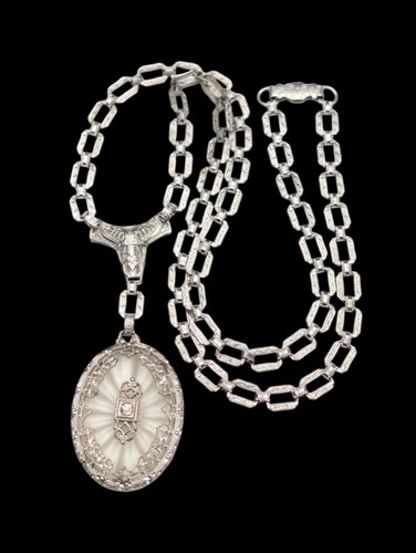 Art Deco Frosted Camphor Glass Silver Tone Rhodium Plated Vintage Necklace 15" - Afbeelding 7 van 18