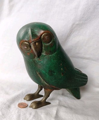 Alte geschnitzte Figur Eule Holz Messing Sergio Bustamante zugeschrieben Design