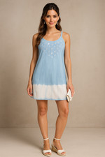 Raya Sun Dress Womens L Blue Tie Dye Eyelet Embroidered Boho Celestial Chambray