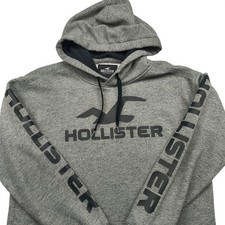 Hollister Men Medium Heather Gray Graphic Logo Fleece Pullover Hoodie Sweatshirt