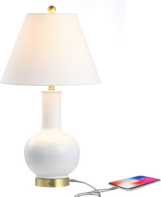 27'' White Ceramic and Brass Gold Gourd LED Table Lamp with USB Charging Port, Co