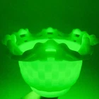 URANIUM GLOWING FENTON CUSTARD GLASS BASKET WEAVE LATTICE RIM 3 1/4"