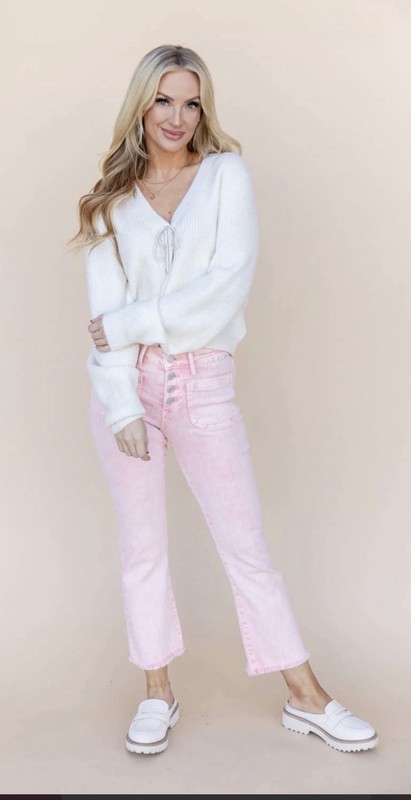 New With Tag VERVET Alison Mid Rise Flare Crop Button Fly Jean Washed Pink Sz 25