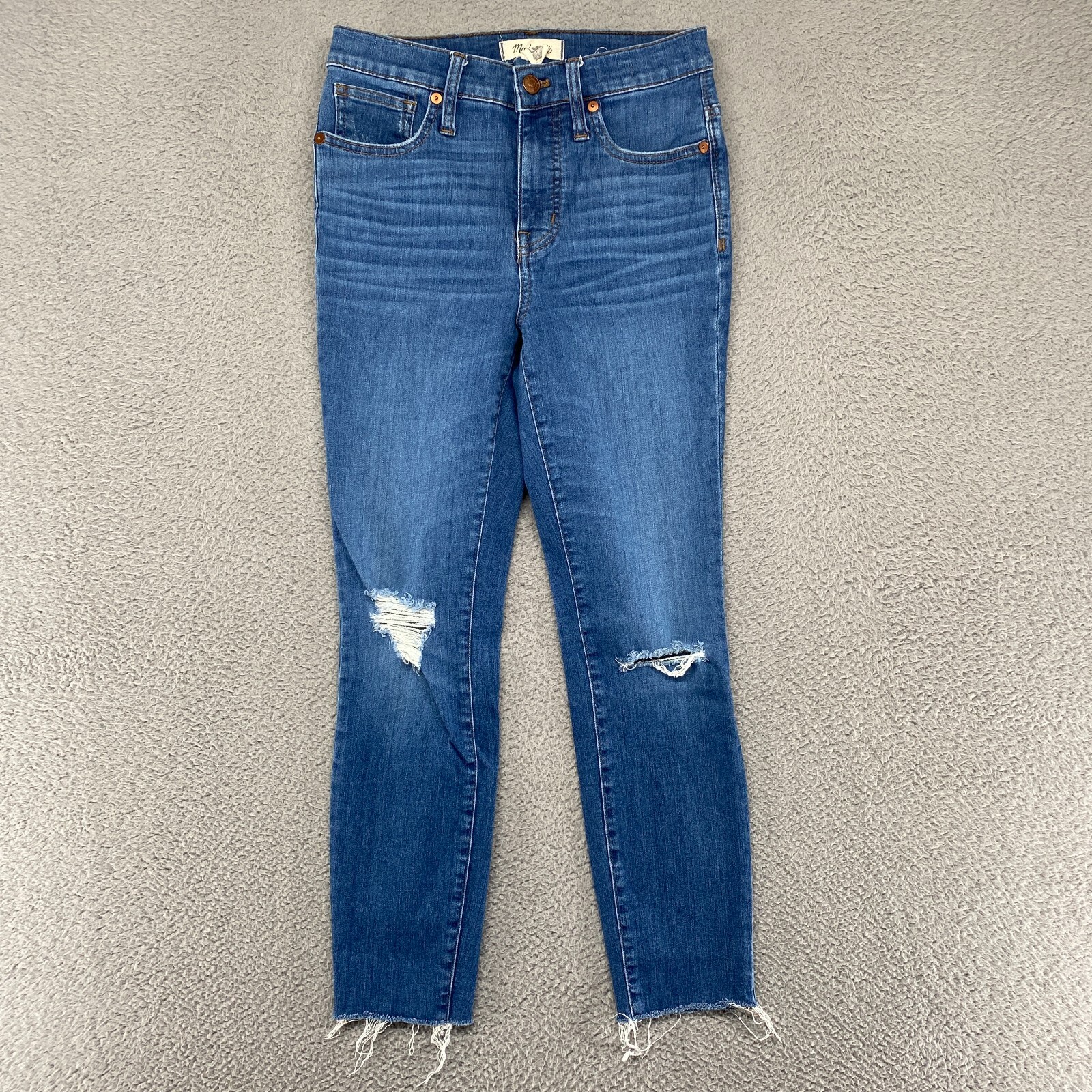 Madewell Womens High Rise Skinny Jeans 25 Cropped Distressed Raw Hem Stretch Blue Denim-image