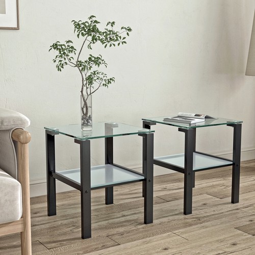 2Set Glass 17.72"Square 2Tier Coffee Table Side End Table Nightstands Sofa Table - Picture 2 of 9