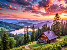 LAKE CABIN DIGITAL IMAGE Postcard Wallpaper Background Desktop Digital AI Art