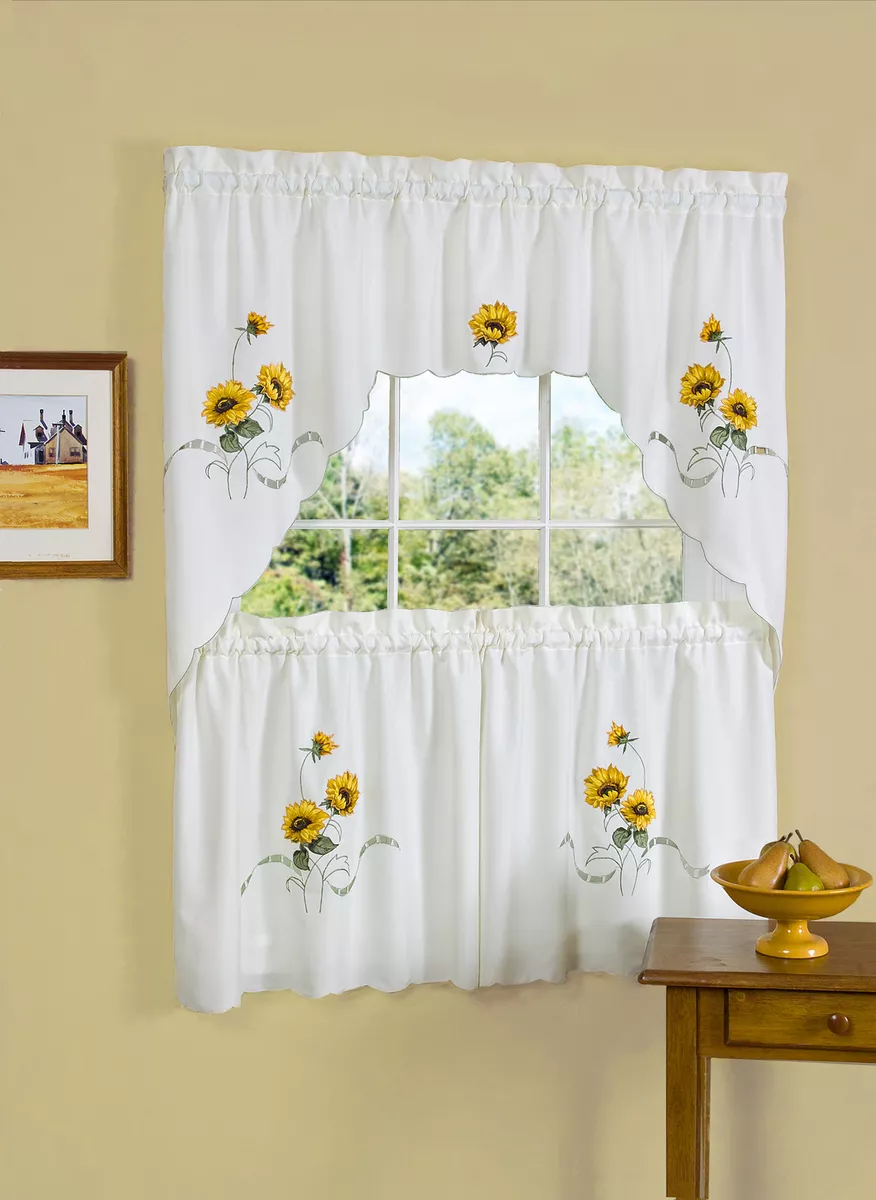 Embellished Window Sunflower Kitchen Curtain Set Small Panels and Valance Swag