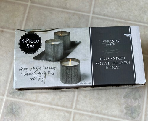 Veranda market Galvanized tray and 3 votive holders No Candles New In box