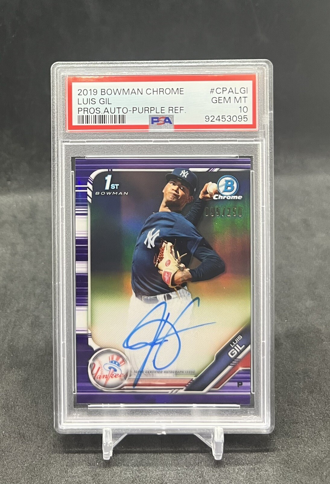 Luis Gil - Yankees - 2019 1st Bowman Chrome PURPLE REFRACTOR AUTO #/250! PSA 10
