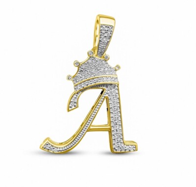 Echt 10k Gelbgold echter Diamant Krone 3D Anfangsbuchstabe Alphabet Anhänger