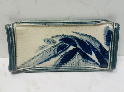 Signierte Studiokeramik Schmuckschale blau weiß handbemalt Catchall Tablett Keramik