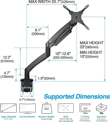 Premium Ergonomic Monitor Arm for 17" to 49" Displays - Full Motion Adjustable - Picture 4 of 9