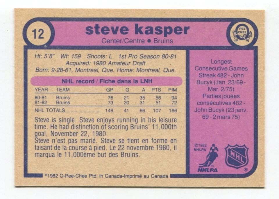 1982-83 OPC Steve Kasper Signed Card Hockey NHL Autographed AUTO #12 - Image 2 of 2