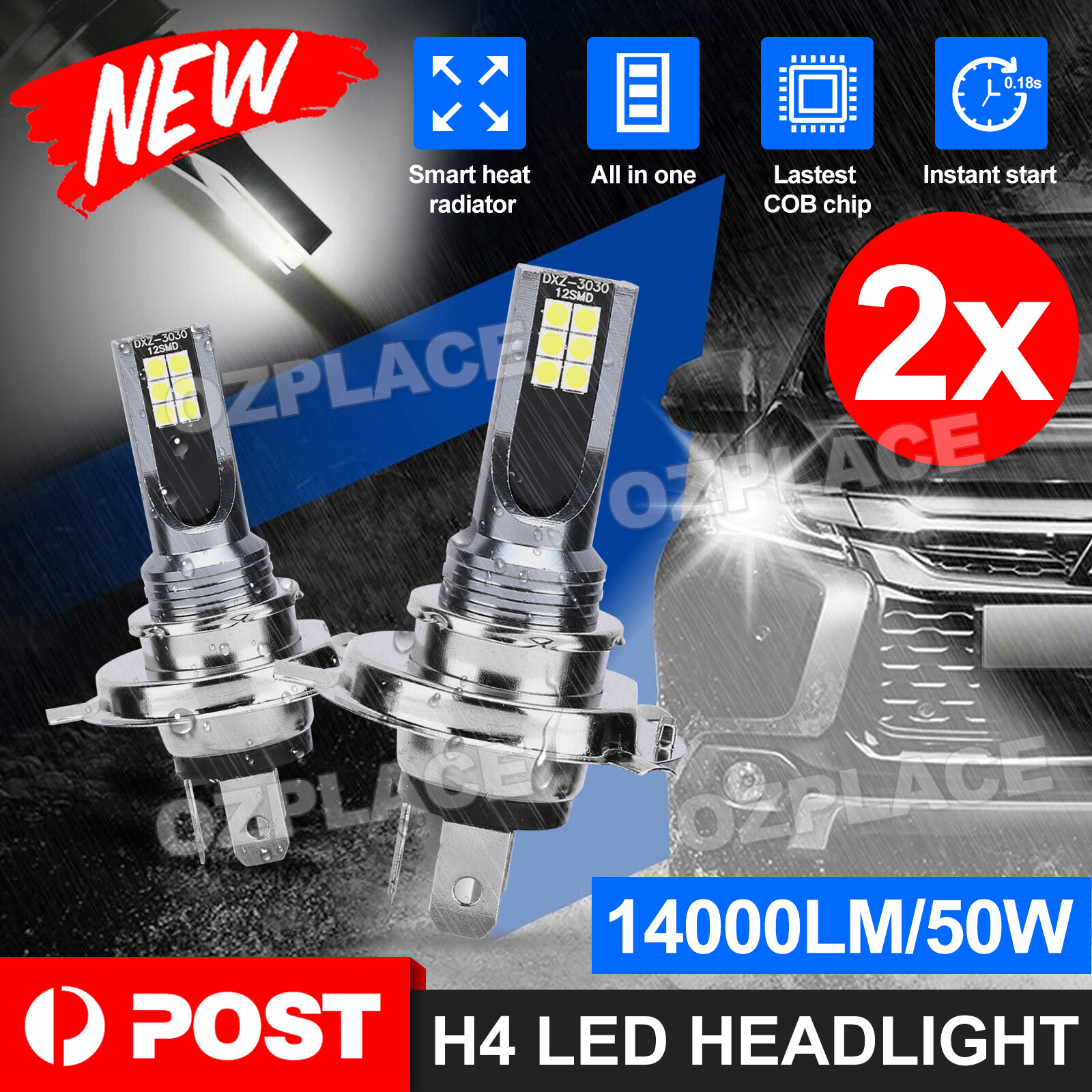2x H4 LED Car Headlight Globes Bulbs LED Lamp High Low Beam White