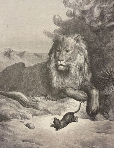 le lion et le rat Gustave Doré Xylographie Fable de la Fontaine 1868 - Photo 1 sur 3