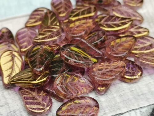 15 Czech flat leaf beads - purple patina 14 x 9 mm - Picture 1 of 7
