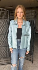 Baby Blue Lambskin Piped In Navy Blue Leather Jacket