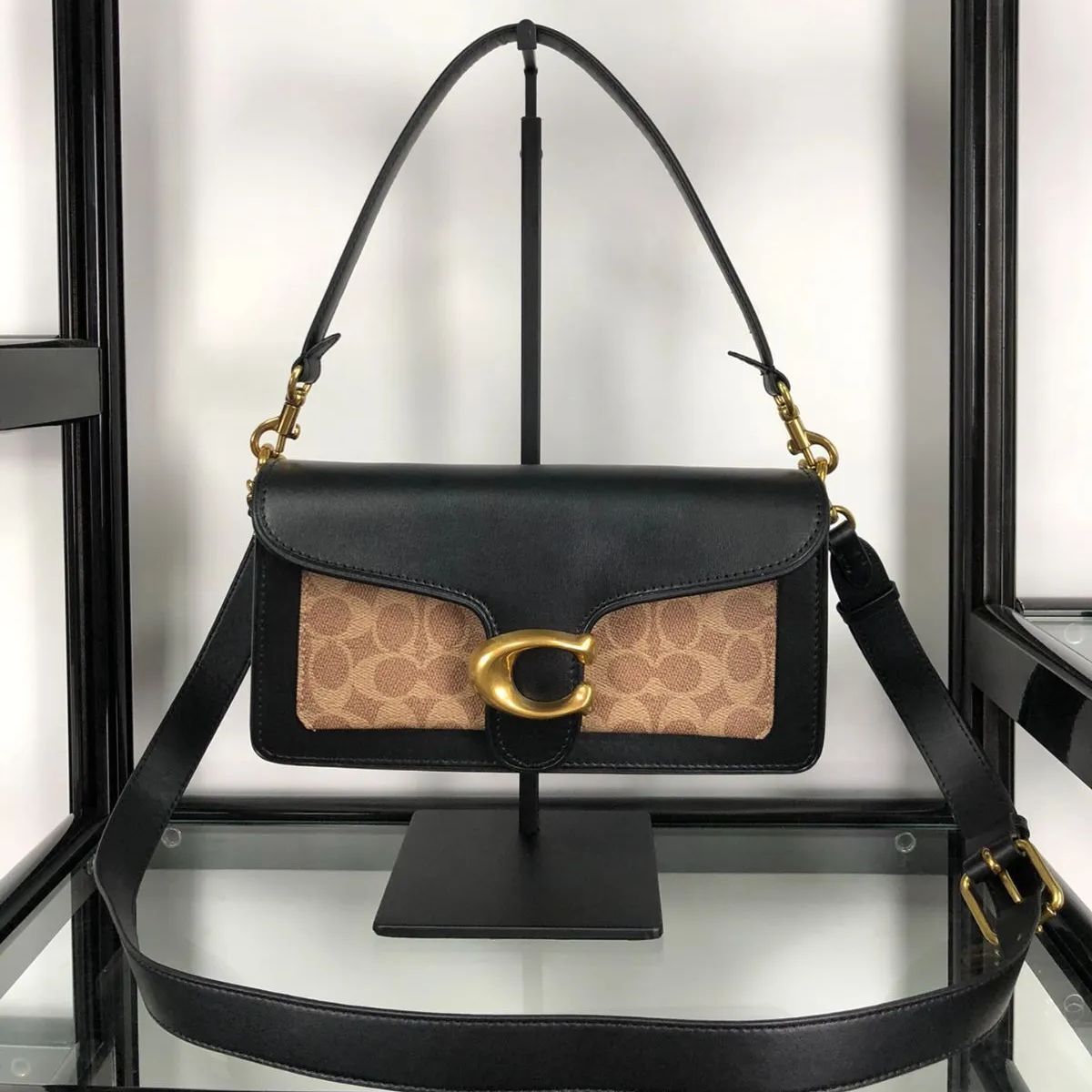 COACH Tabby 26 Leather & Signature Canvas Shoulder Bag in Tan & Black - New Outlet Style 91215