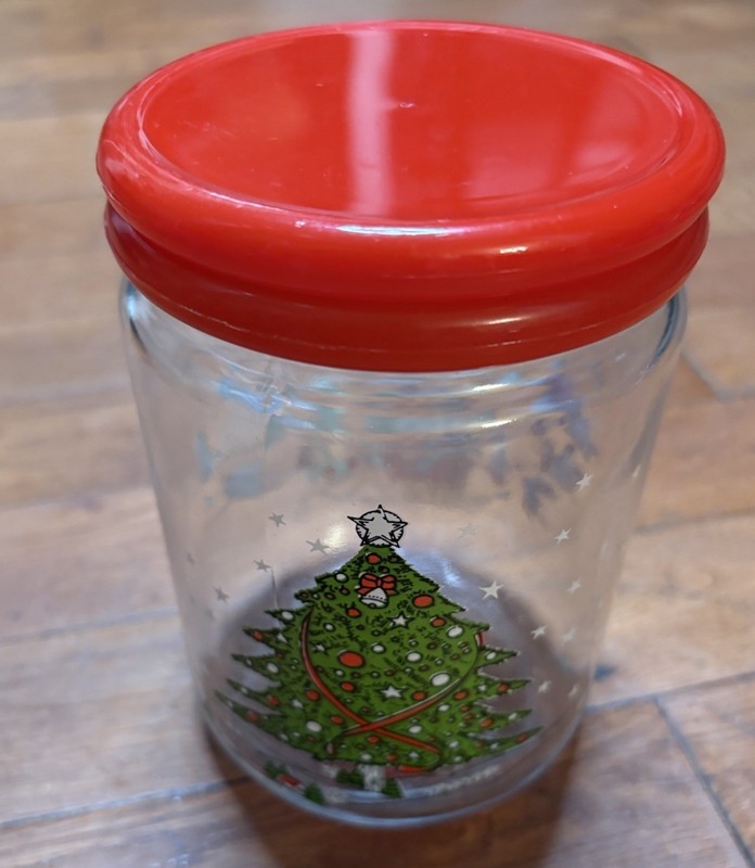 Christmas Holiday Clear Glass Storage Jar Canister 12 oz Cylinder w/ Red Lid