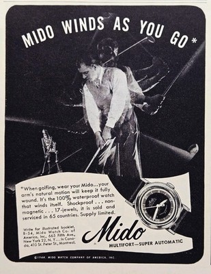 1944 Mido Multi-Fort Super Automatic Watch Print Ad - Windsor As You Go Golfer