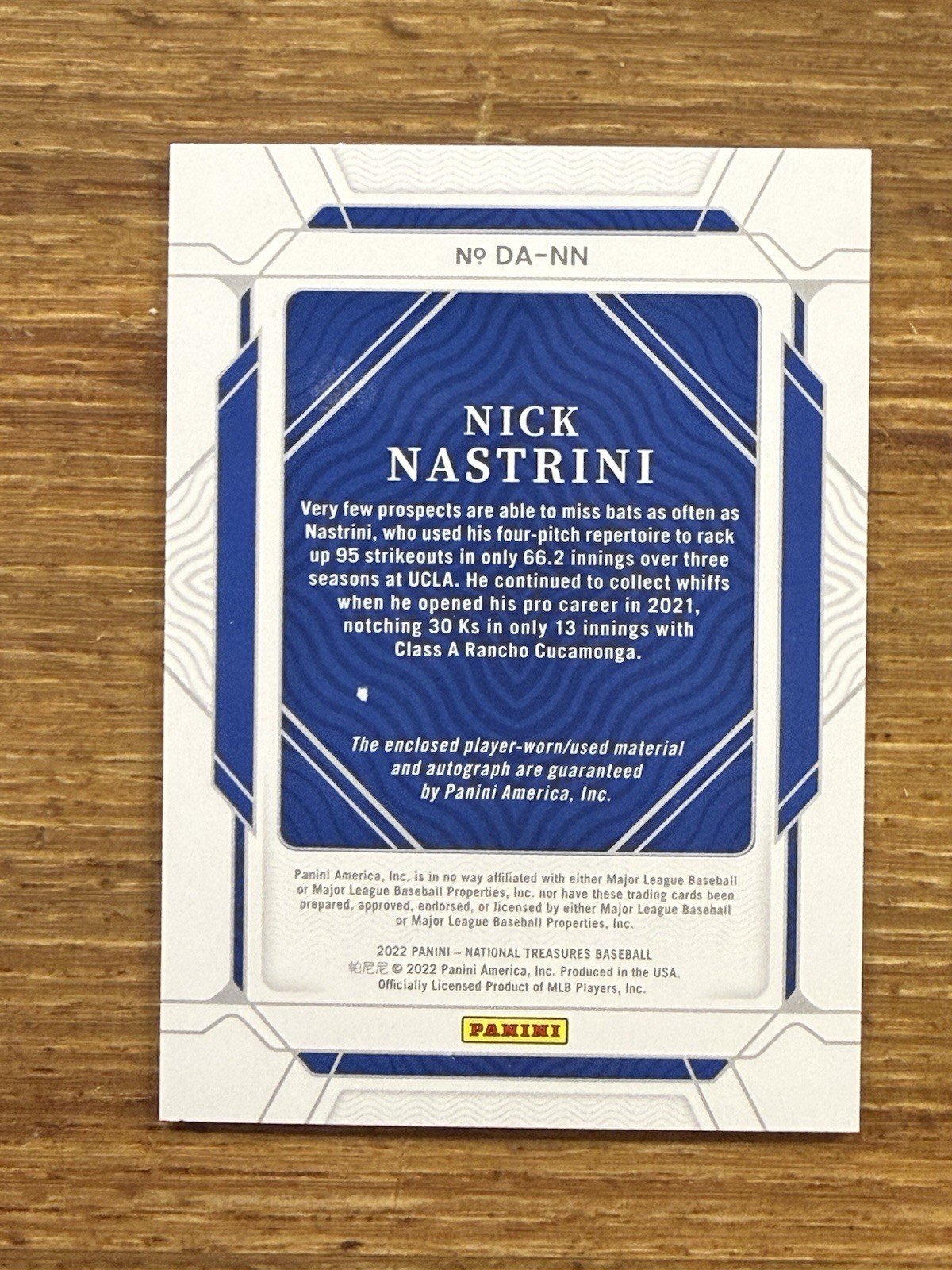 2022 Panini National Treasures Diamond Single 99/99 Nick Nastrini Auto Read view 2