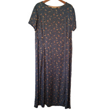 Vintage 1990s Eddie Bauer dress Large Blue Long Nature Flowers Plants Rayon