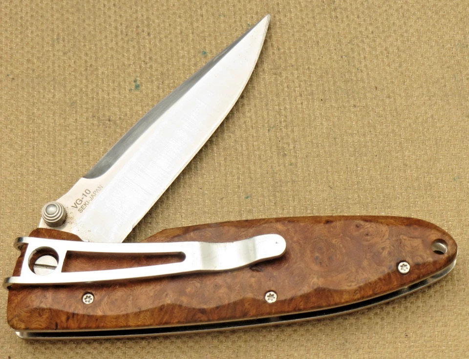 MCUSTA VG-10 SEKI JAPAN Locking Folding Knife - Burl Wood Handles - Solid Used - Image 3 of 4