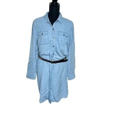 Chaps Shirt Dress Large Light Blue Lyocell Long Sleeve Button Front Belted