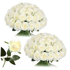 50pcs Artificial Silk Roses Bulk,Fake Roses Flower with Stems White-50