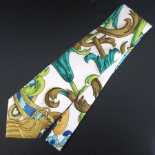 HERMES Pattern Silk Scarf Tie in White mens USED