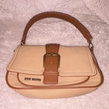 Steve Madden Beige Brown Shoulder Bag, Magnetic Snap, Gold Hardware, Buckle Acc  