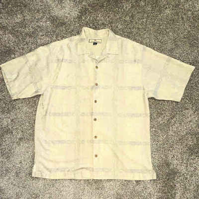Tommy Bahama Men's M Silk Geometric Beige Short Sleeve Spread Collar Button-Up