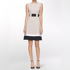 CALVIN KLEIN Sleeveless Beige, Black & White Belted Fit & Flare Dress NWT 6P