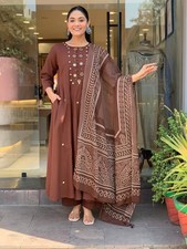 Elegant Brown Anarkali Kurta Pant Dupatta Set Festive Wedding Party Wear