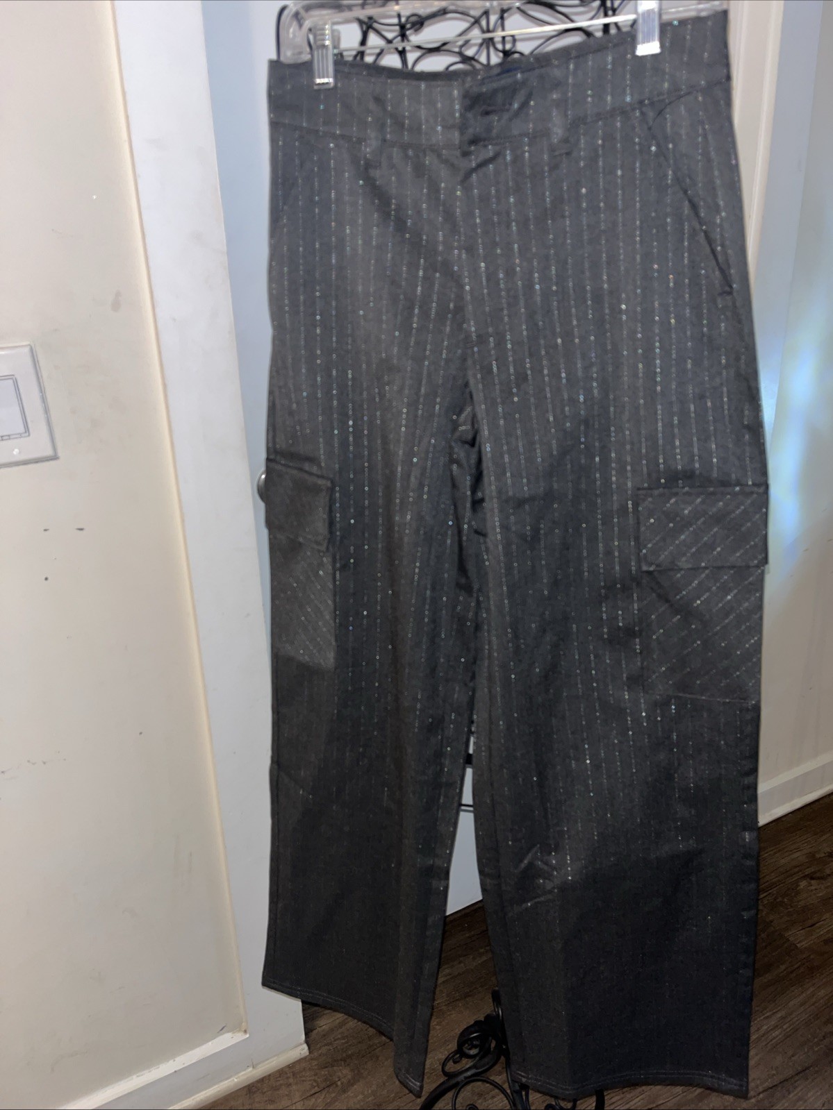 Tommy Hilfiger Womens Plus Size 14 Charcoal Gray Pinstripe Wide Leg Dress Pants