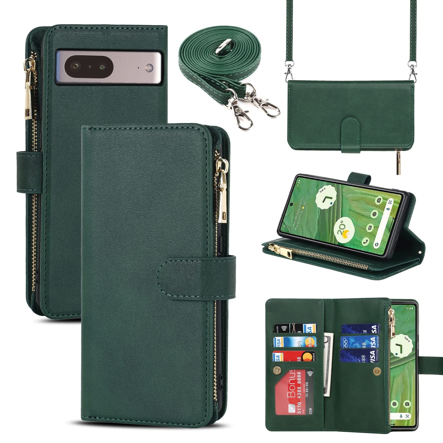 Coque Google Pixel 7 avec Cordon et rabat portefeuille en cuir noir pour smartphone